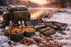 Equipo de carpfishing en invierno con cebos, mochila y material organizado sobre la orilla nevada de un lago al amanecer