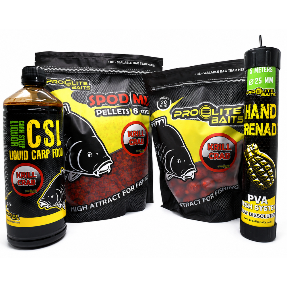 Pack Stick Krill Crab Pro Elite con CSL pellets boilies y malla PVA