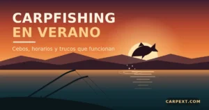 Carpfishing en verano: atardecer en el embalse con carpa saltando y cañas montadas en la orilla